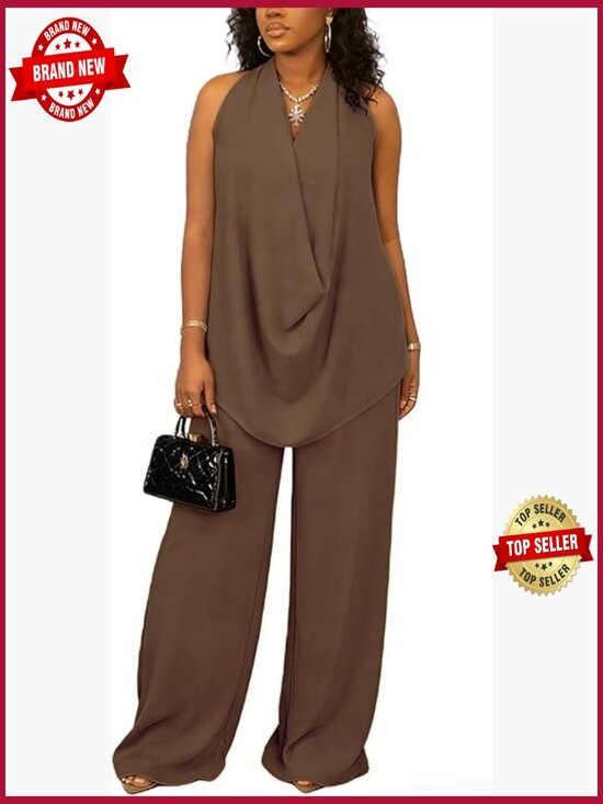 Pants - Cowl Neck Halter Top & Wide Leg Pants 2 Piece Set Sleeveless Summer Vacation